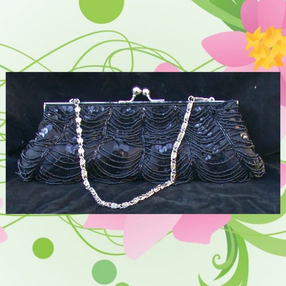 INS Black Sequin and Beaded Evening Handbag Small Clutch Purse